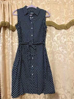 Tommy Hilfiger Navy and White Polka Dot Sleeveless Midi Shirt Dress